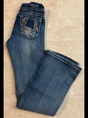 Grace in LA Embellished Horseshoe Western Cowgirl Blue Denim Jeans Girls size 10